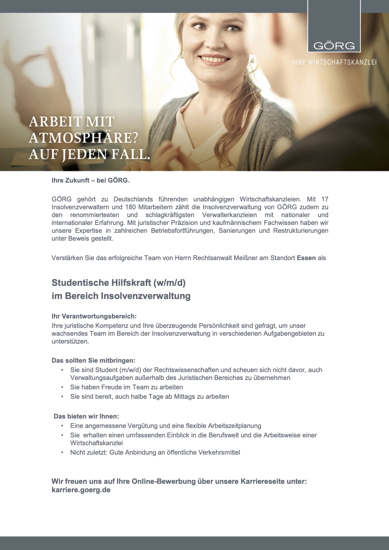 Universitat Dusseldorf Gorg Rechtsanwalte Studentische Hilfskraft W M D Im Bereich Insolvenzverwaltung Gesucht